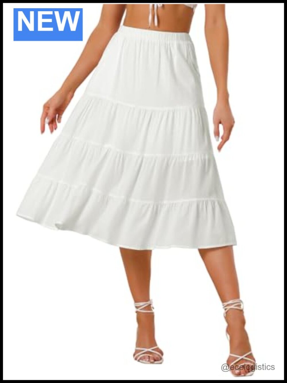 Women Midi Skirt Tiered A-Line Flare with Pockets